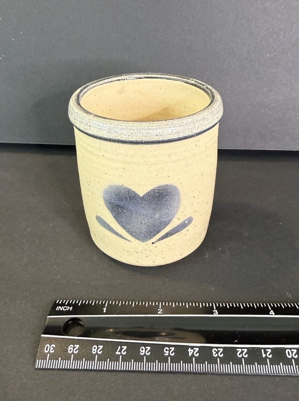 Signed Studio Pottery Stoneware Crock Blue Heart Handmade Folk Art 3.5”
